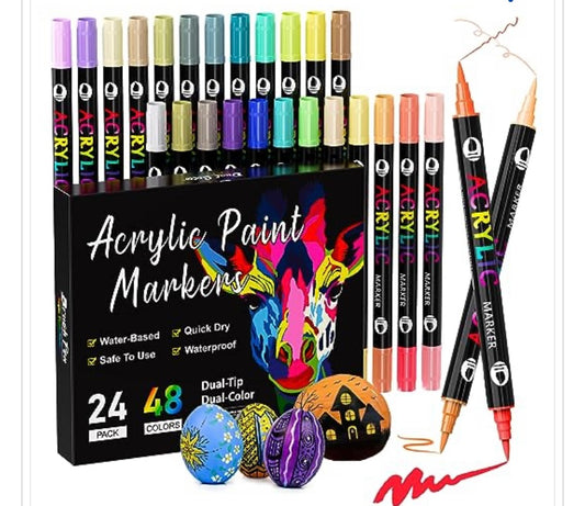 24 Patamiyar Acrylic Paint Pens with Dual Tip giving 48 Colours of Acrylic Paint