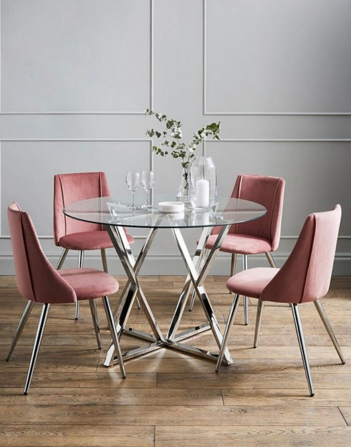 Estelle Circular Dining Table in Chrome/Glass ( Table only, Chairs not included)