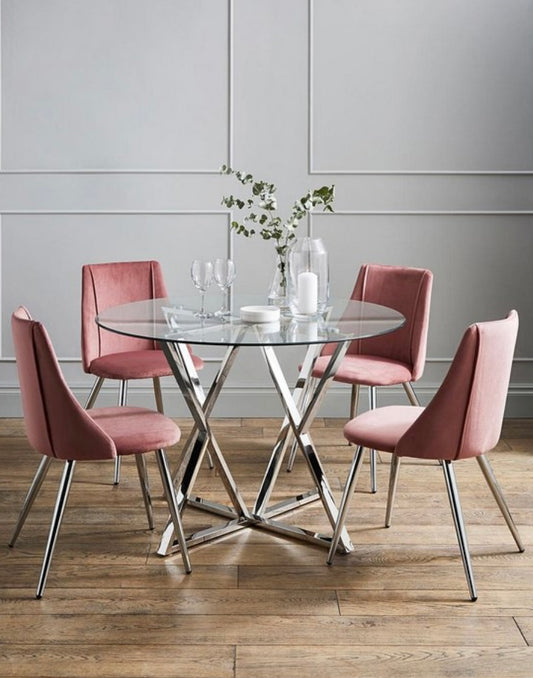 Estelle Circular Dining Table in Chrome/Glass ( Table only, Chairs not included)